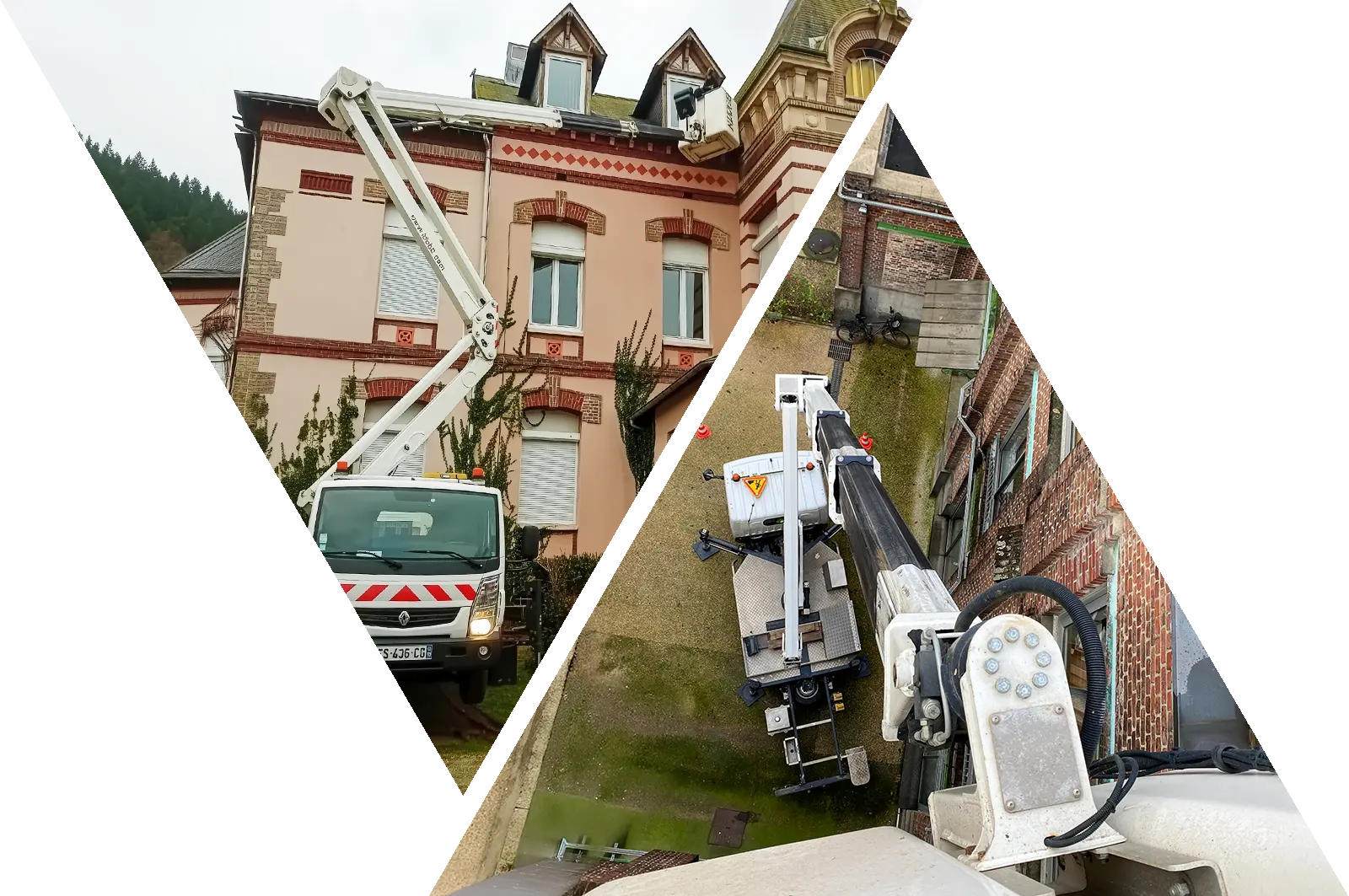 intervention d’un ouvrier de CF Couverture sur toiture à l’aide d’une nacelle élévatrice de 22 mètres